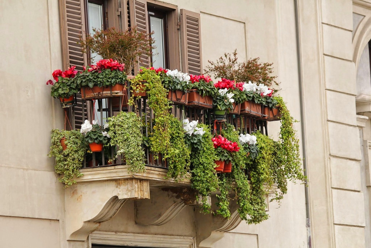 Balcone fiorito con piante colorate per ogni mese dell'anno, in un ambiente soleggiato e curato.